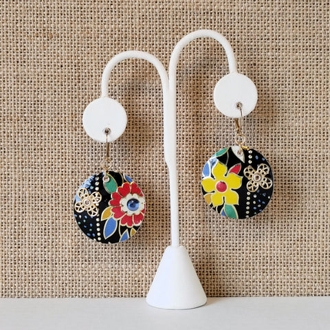 Round Vintage Daher Tin Fiesta in Bloom Earrings in black with Colorful Floral Designs and Gold Accents